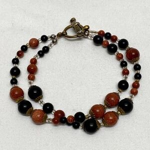 Vintage Double Strand Beaded Toggle Bracelet 8" Golden Brown Glitter Fashion GUC